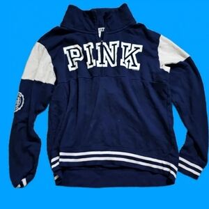 PINK Victorias Secret Vtg Y2k Womens L Blue Cropped 1/4 Zip Athletic Jacket